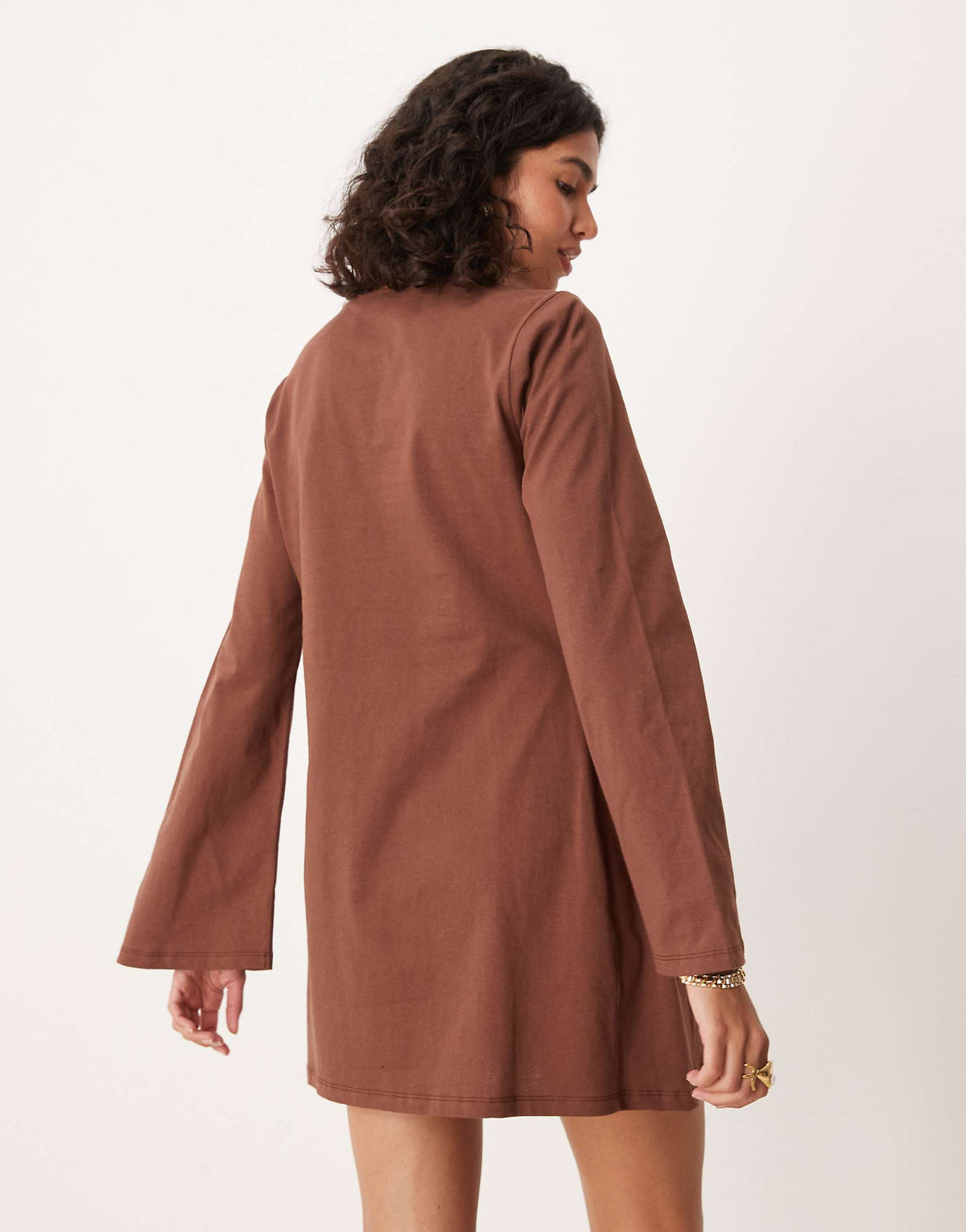 ASOS DESIGN tie side cinched mini dress with long sleeves in brown