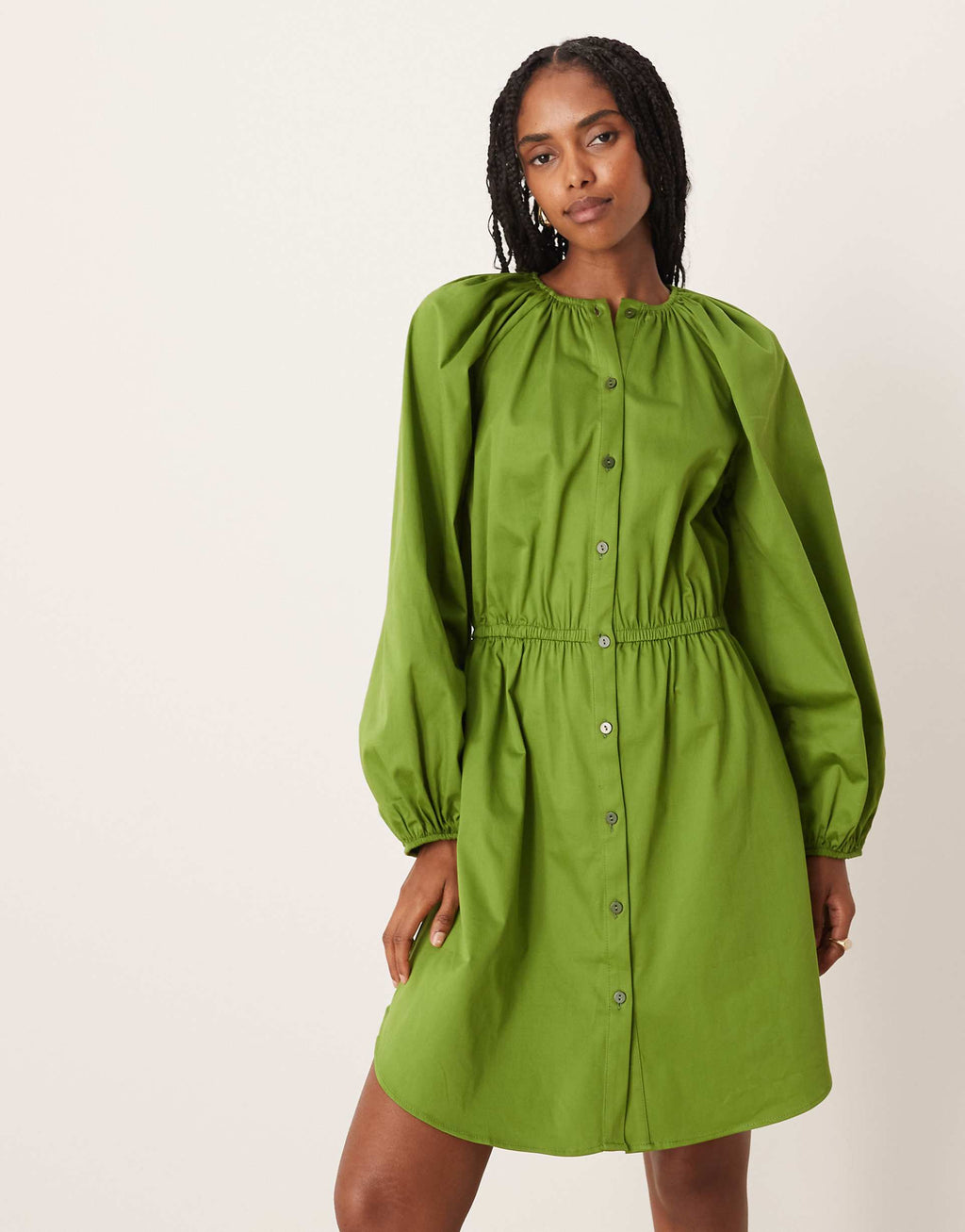 ASOS DESIGN poplin button down blouson mini dress with tie in khaki