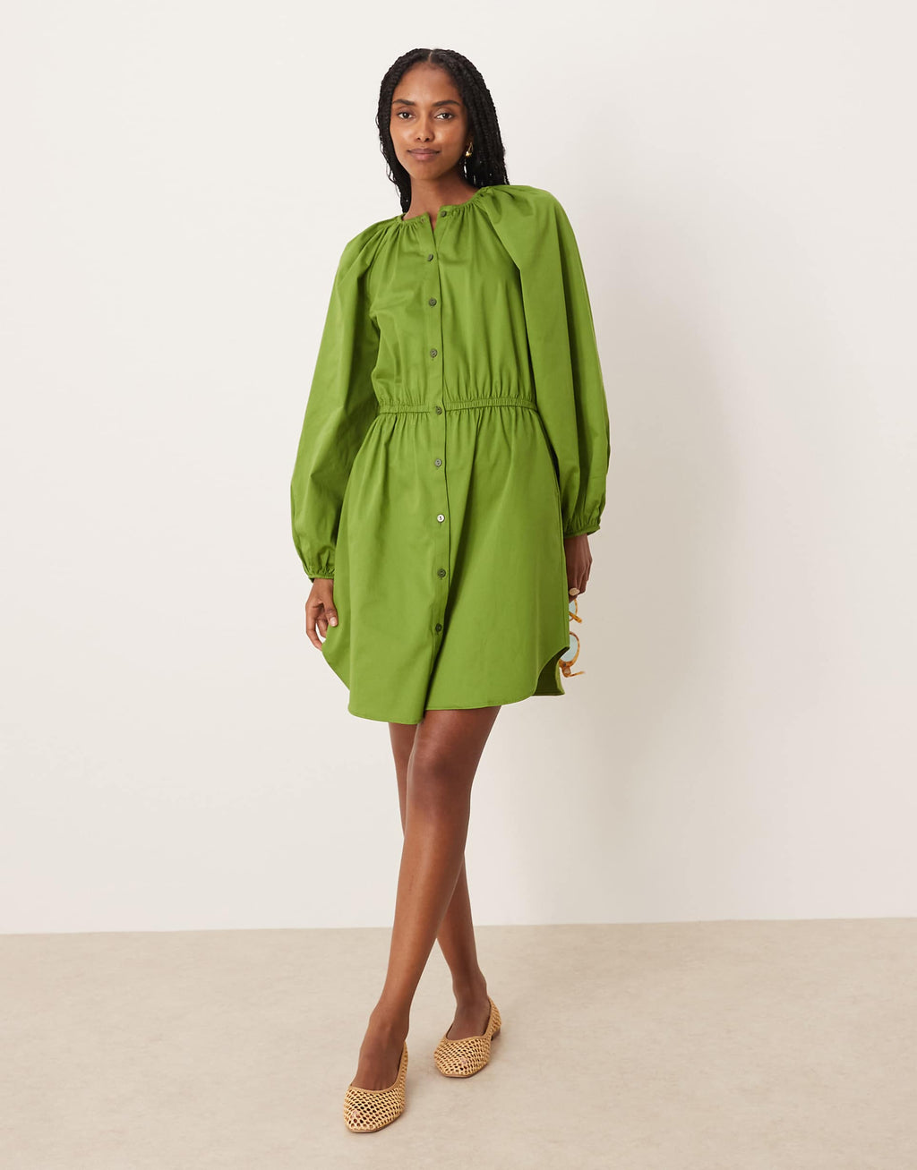 ASOS DESIGN poplin button down blouson mini dress with tie in khaki