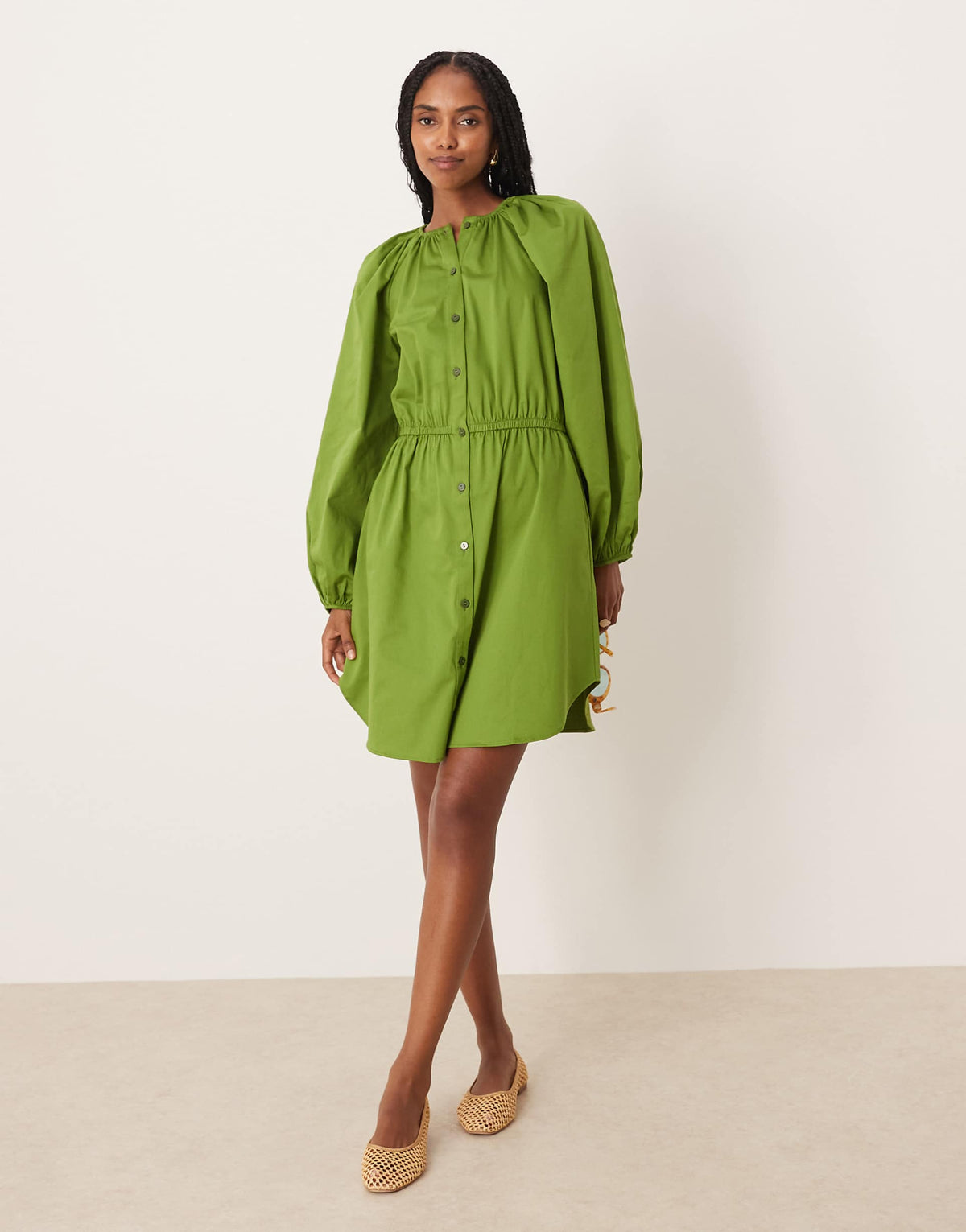 ASOS DESIGN poplin button down blouson mini dress with tie in khaki