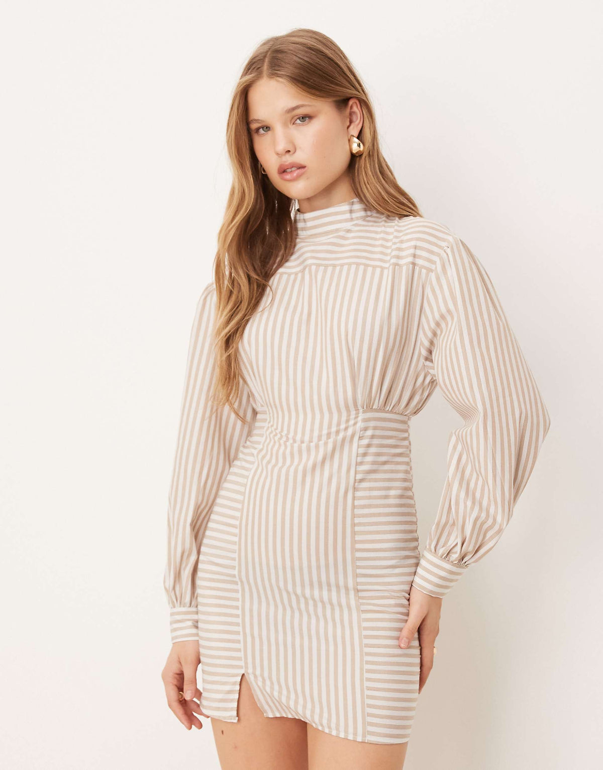 ASOS DESIGN high neck poplin mini dress with pleated waist in stripe print