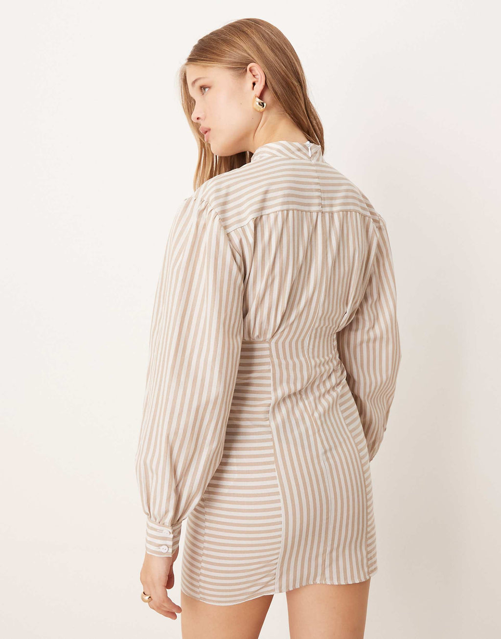 ASOS DESIGN high neck poplin mini dress with pleated waist in stripe print