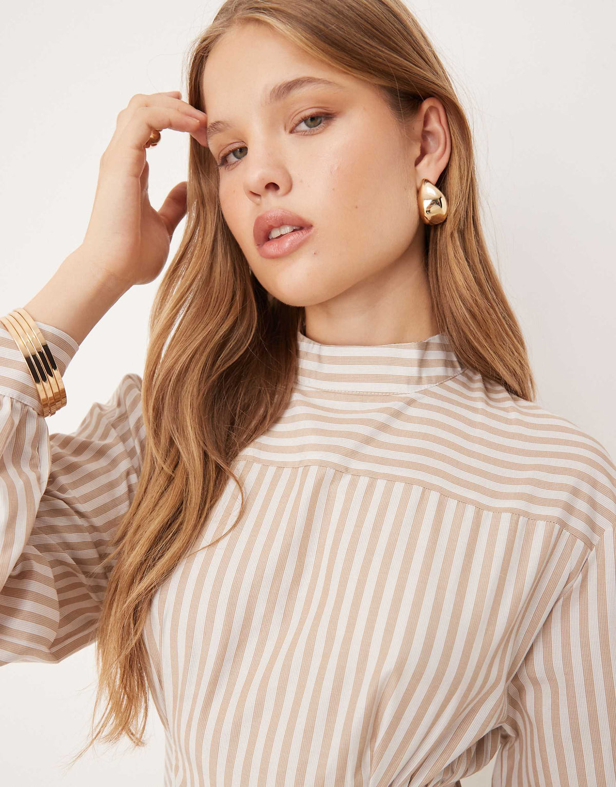 ASOS DESIGN high neck poplin mini dress with pleated waist in stripe print
