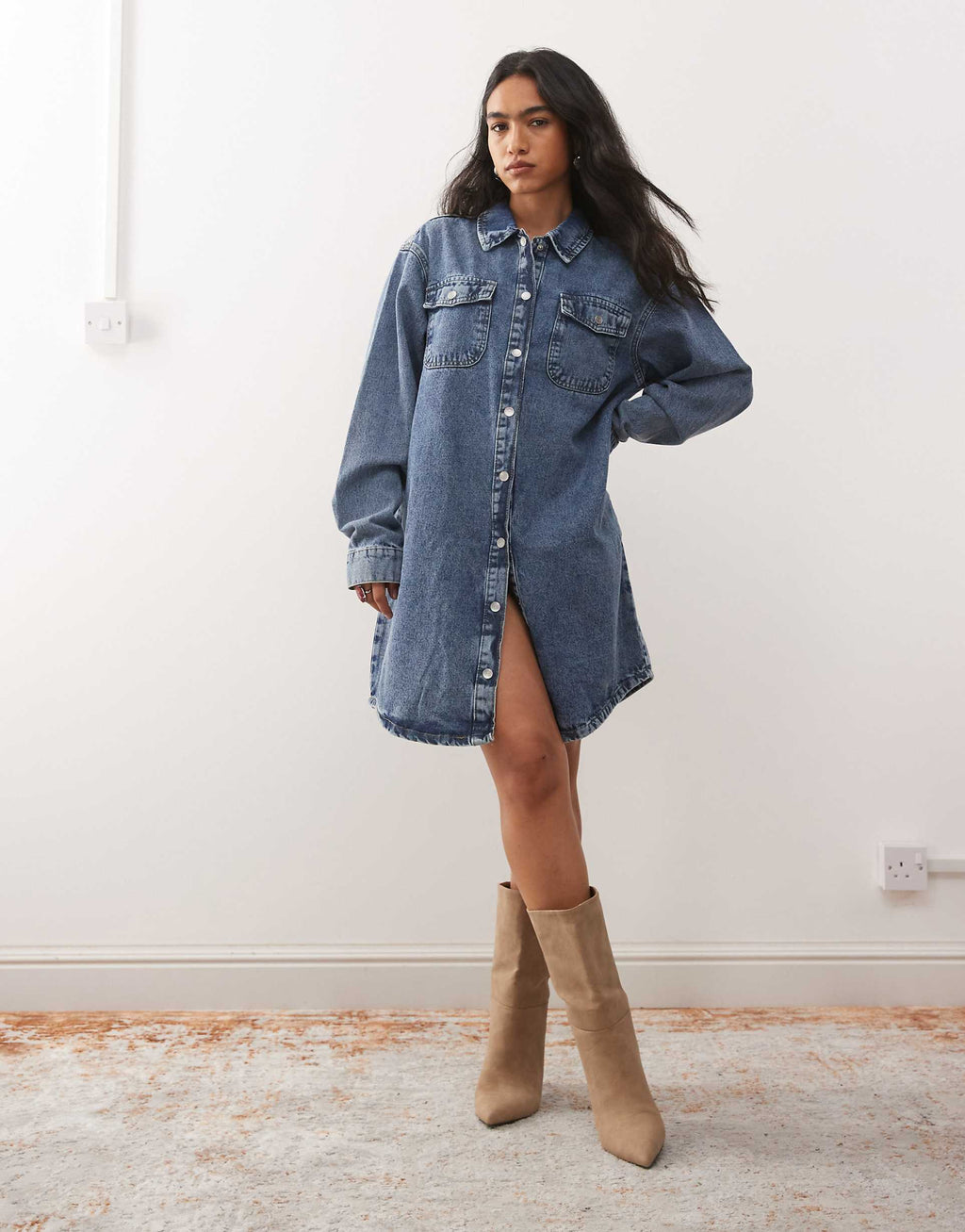 Noisy May long sleeve denim shirt dress in washed blue denim