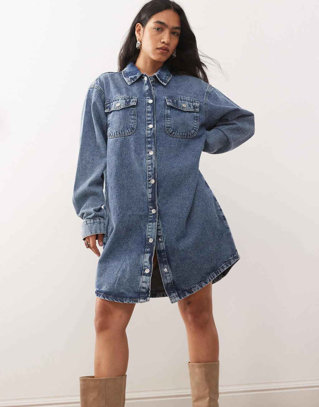 Noisy May long sleeve denim shirt dress in washed blue denim