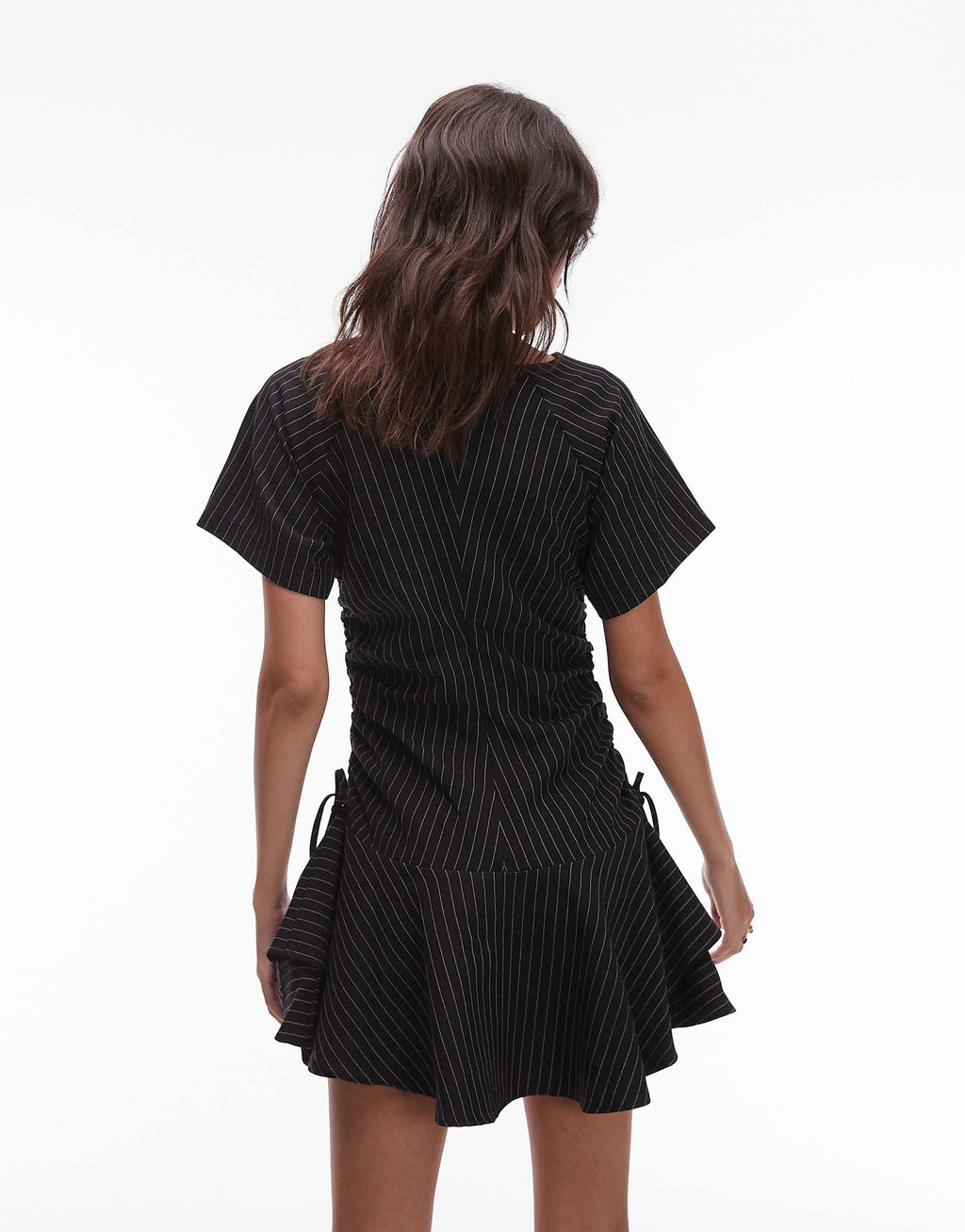 ASOS DESIGN short sleeve mini dress with ruched tie waist detailing in black pinstripes
