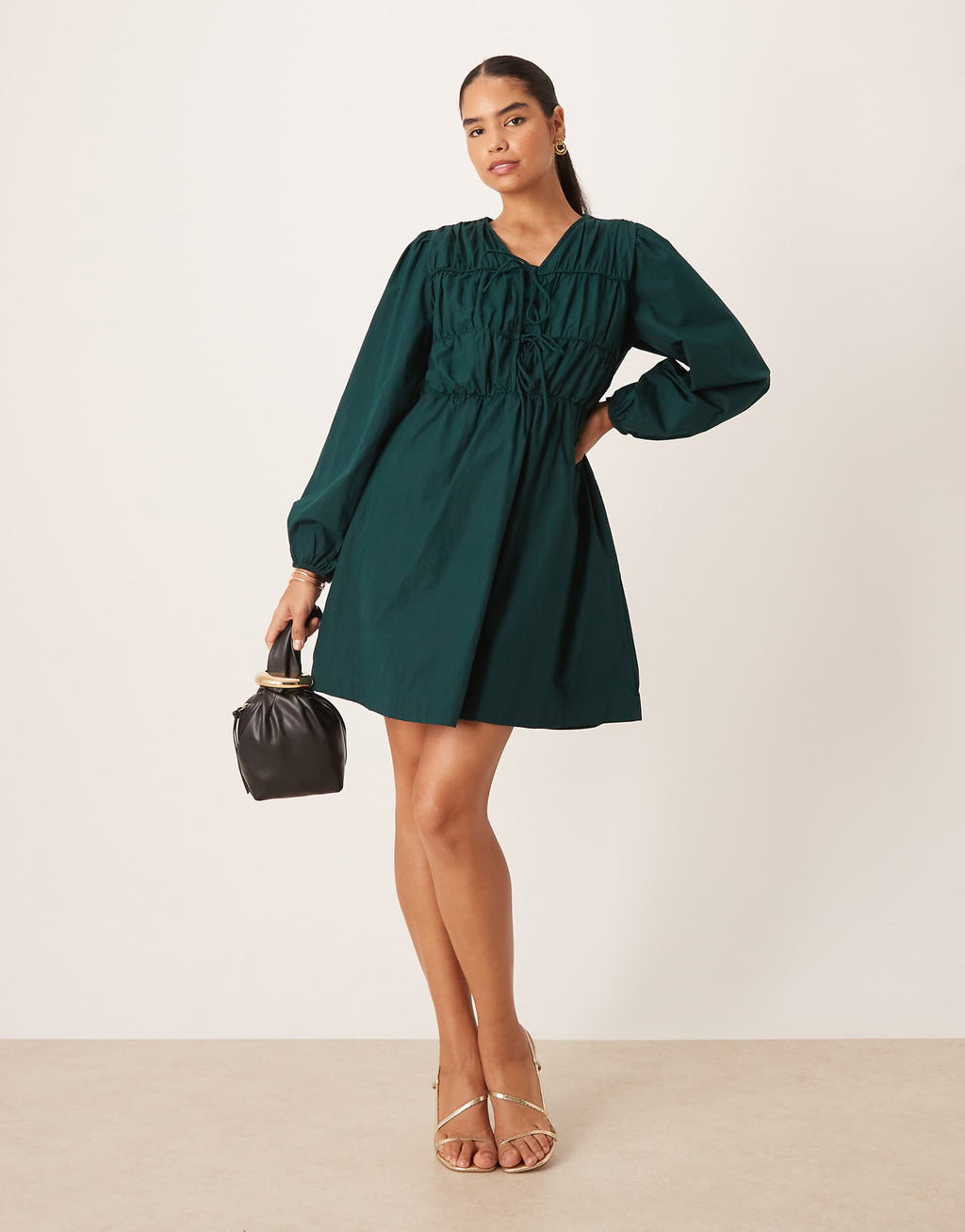 YAS tie front long sleeve mini dress in deep jewel green