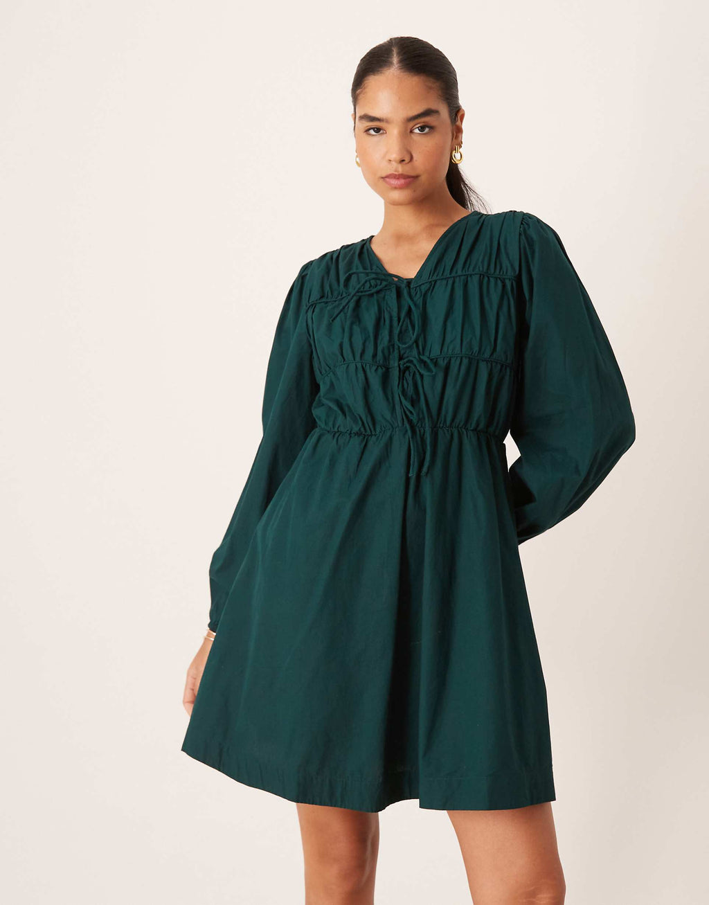 YAS tie front long sleeve mini dress in deep jewel green