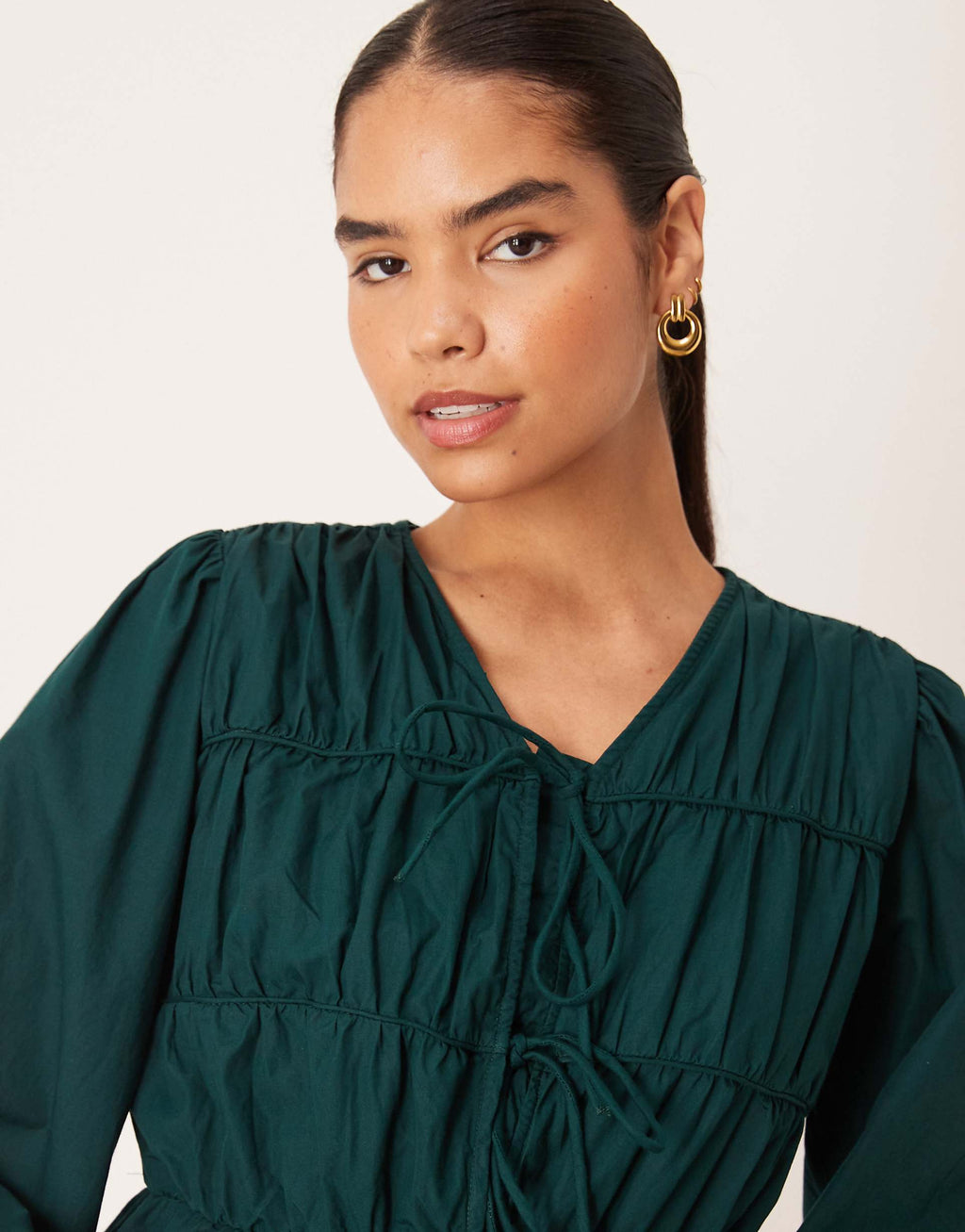 YAS tie front long sleeve mini dress in deep jewel green