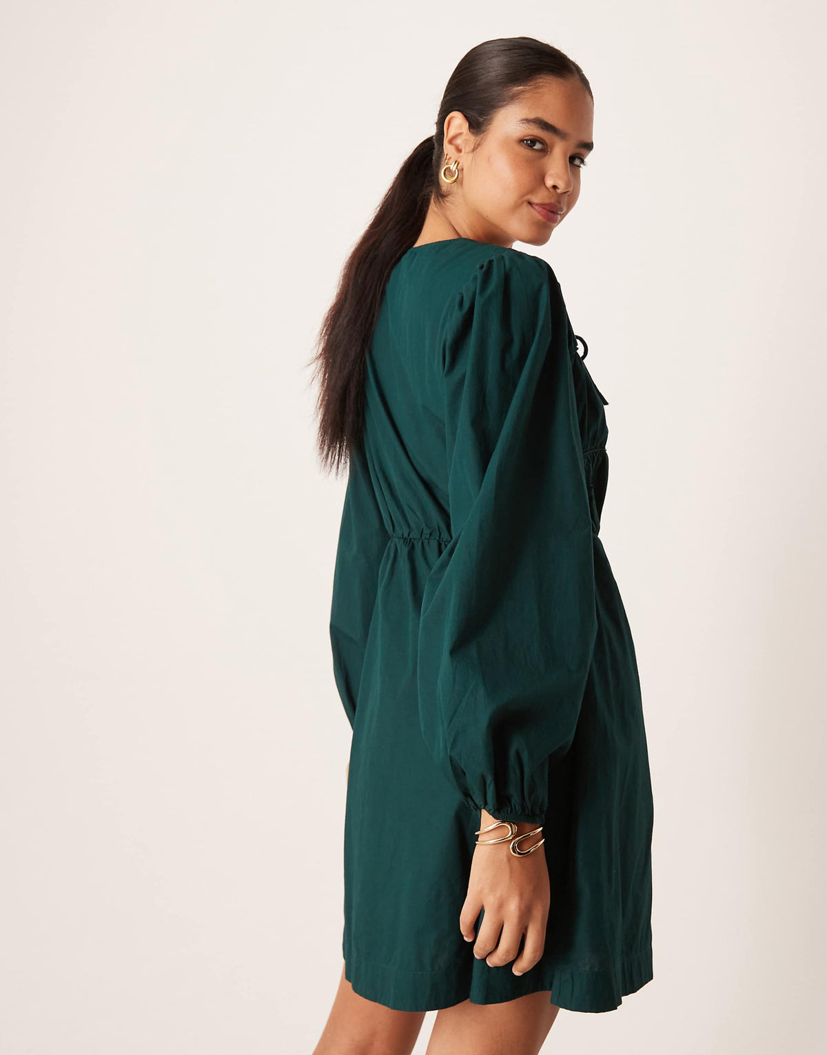 YAS tie front long sleeve mini dress in deep jewel green