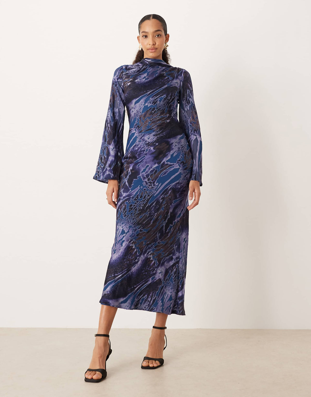 ASOS DESIGN maxi dress with scarf detail in black and blue abstract print
