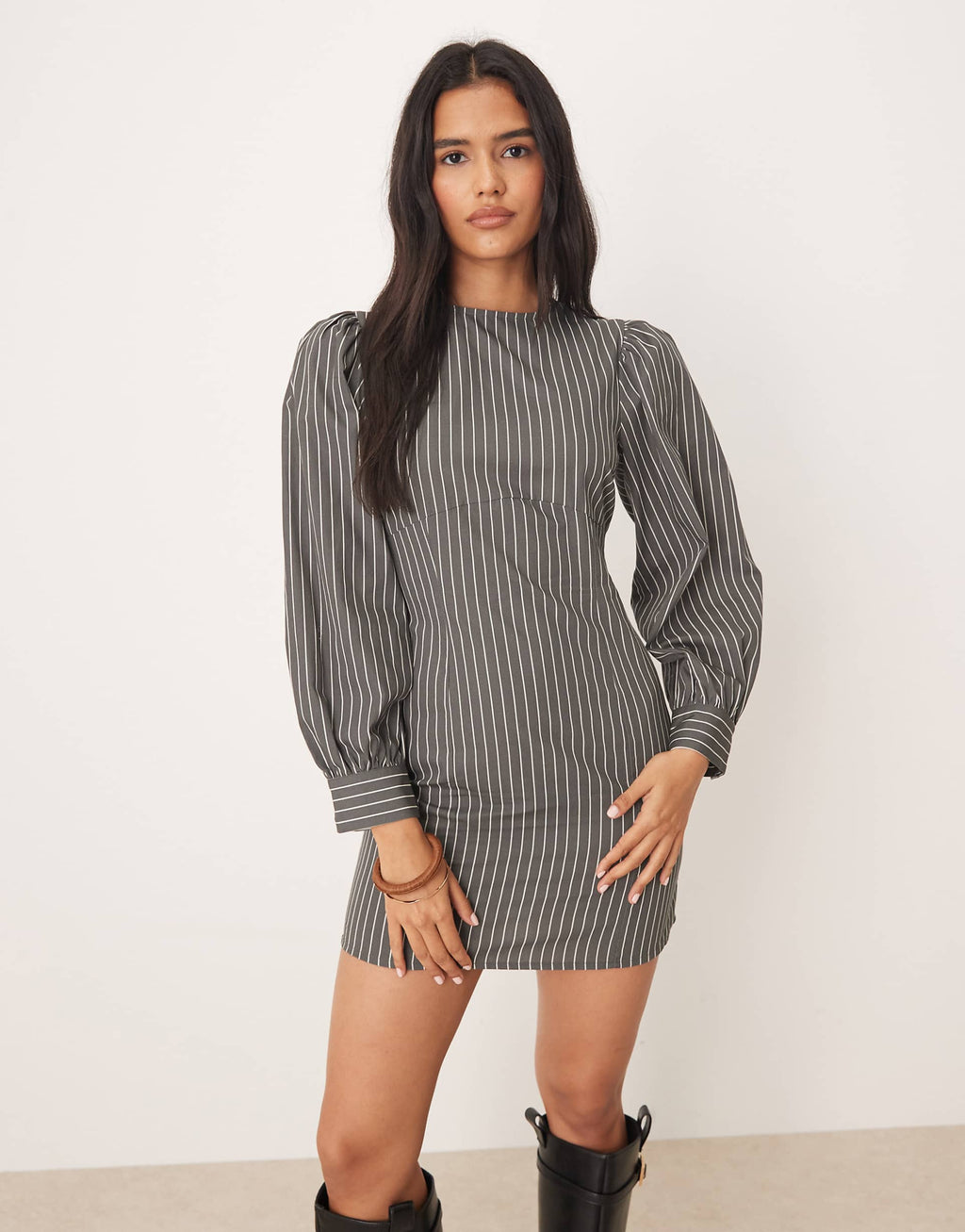 ASOS DESIGN poplin crew neck sculpted mini dress with volume sleeves in gray pinstripes