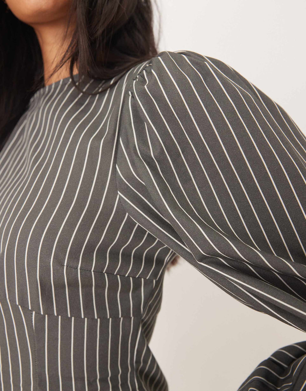 ASOS DESIGN poplin crew neck sculpted mini dress with volume sleeves in gray pinstripes