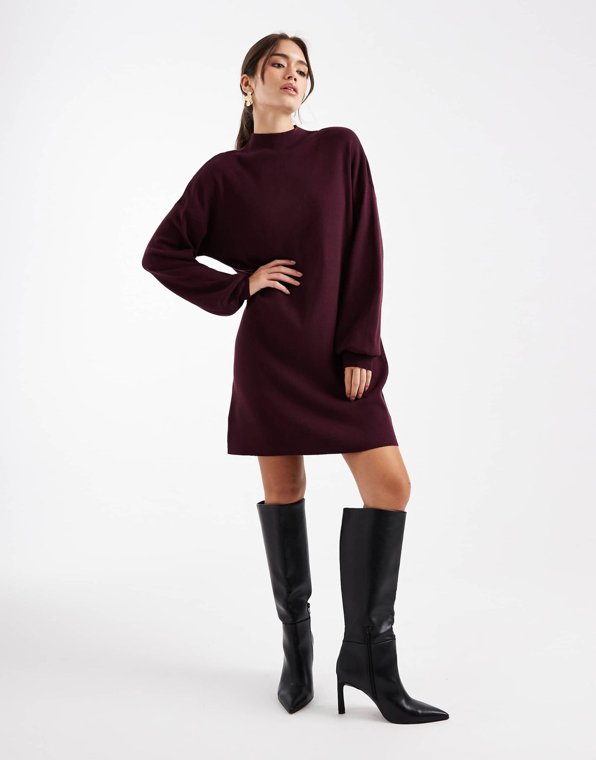 Vero Moda knit funnel neck mini dress in burgundy