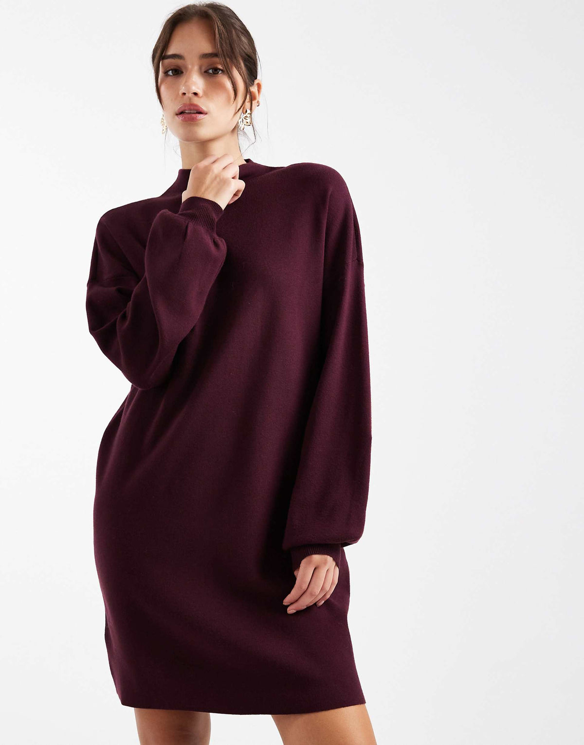Vero Moda knit funnel neck mini dress in burgundy