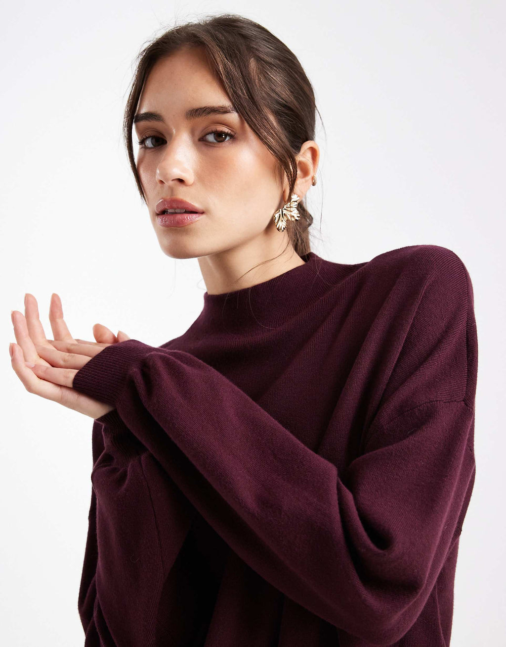 Vero Moda knit funnel neck mini dress in burgundy
