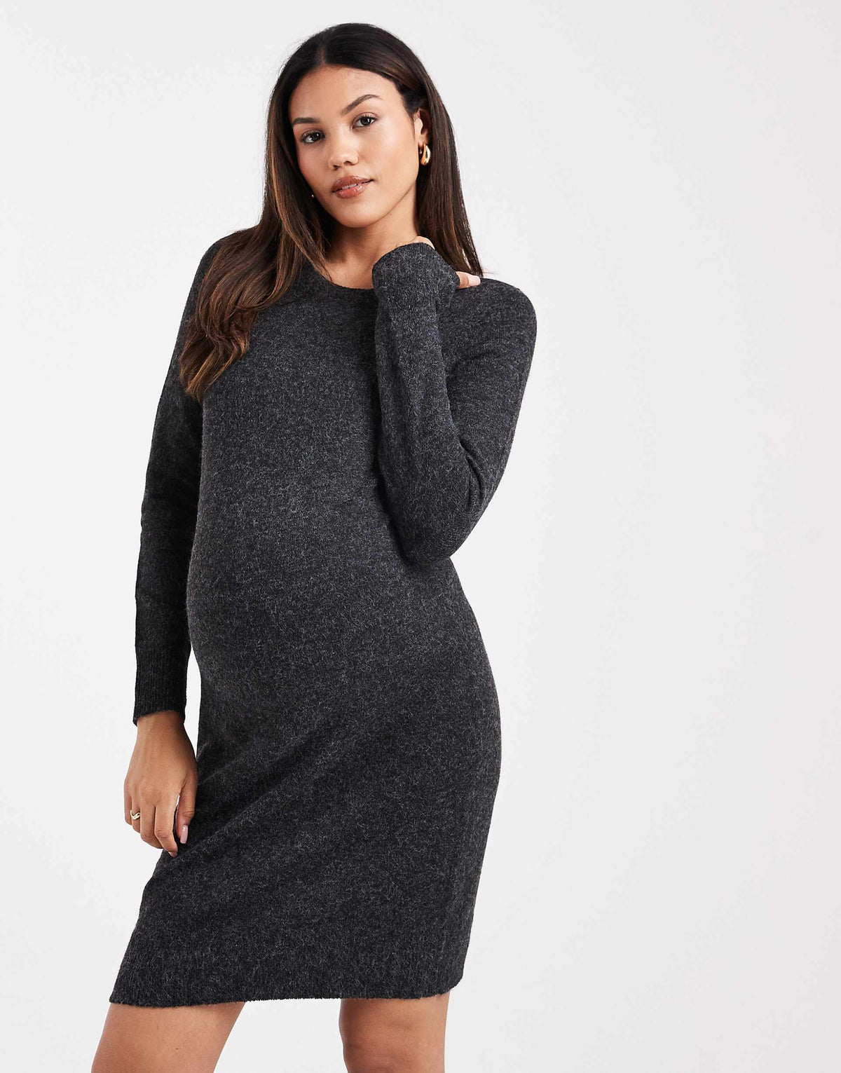 Vero Moda Maternity soft knit crew neck mini dress in heathered black