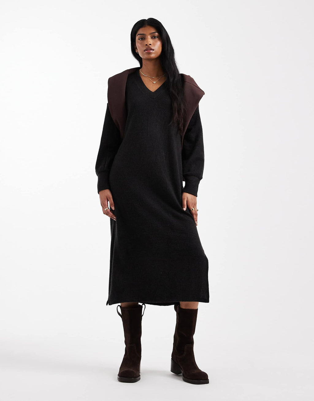 Vero Moda soft rib knit v-neck midi dress in black