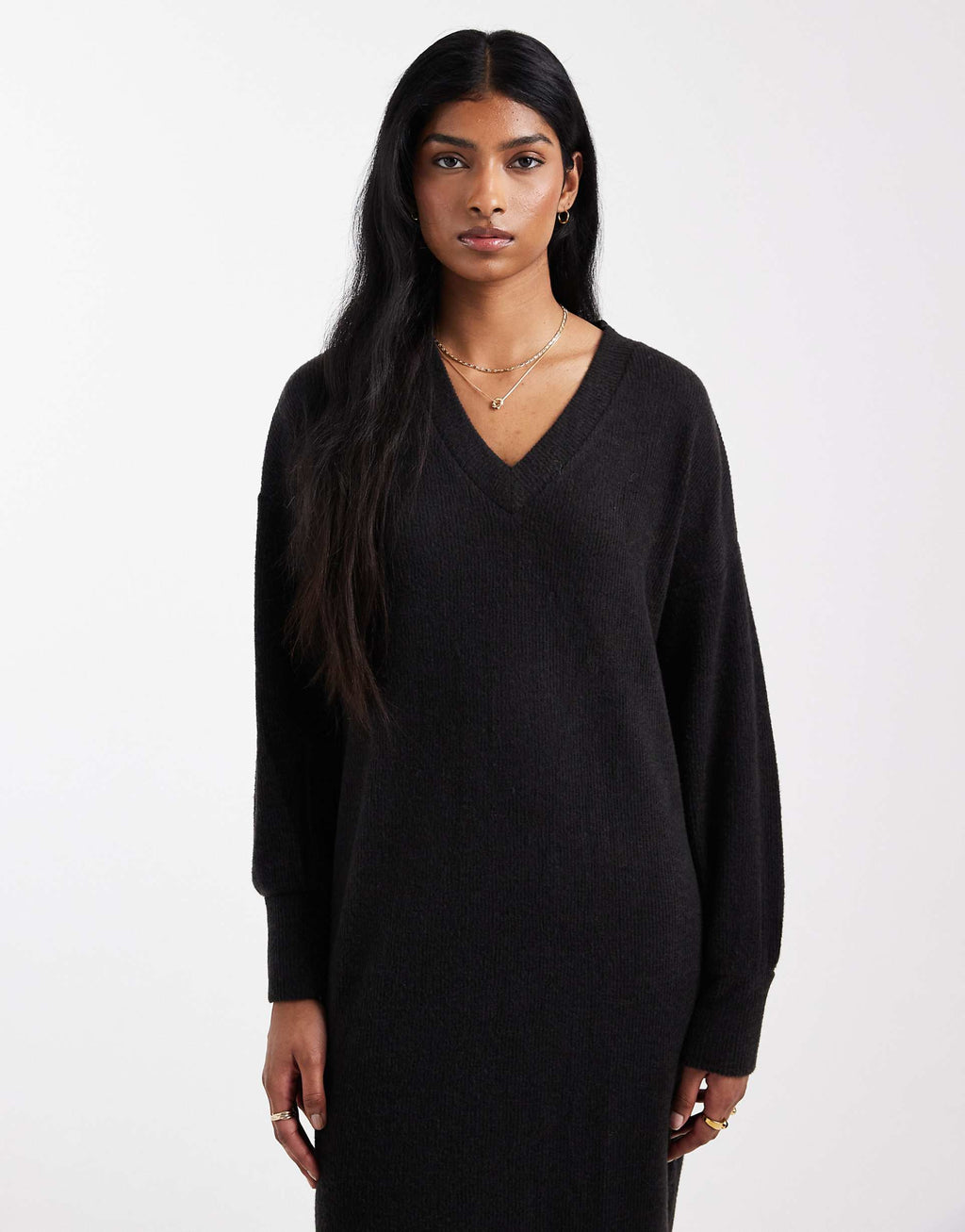 Vero Moda soft rib knit v-neck midi dress in black