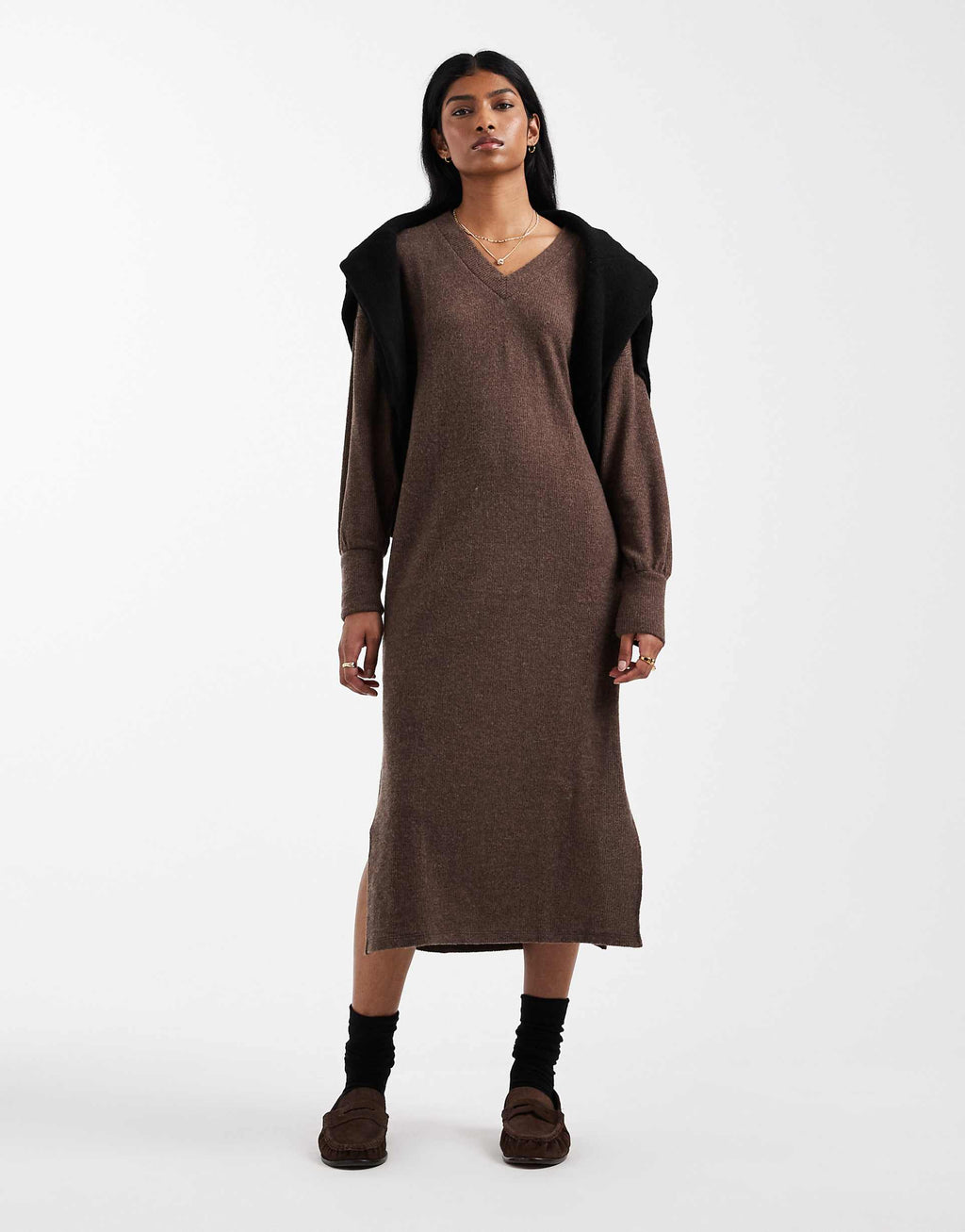 Vero Moda soft rib knit v-neck midi dress in heathered chocolate