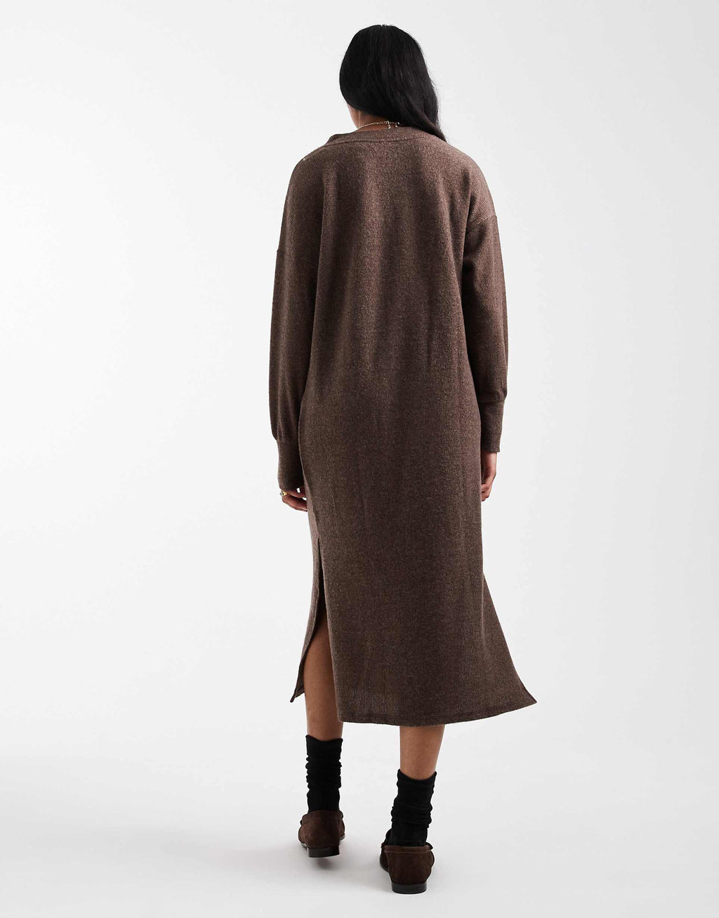 Vero Moda soft rib knit v-neck midi dress in heathered chocolate