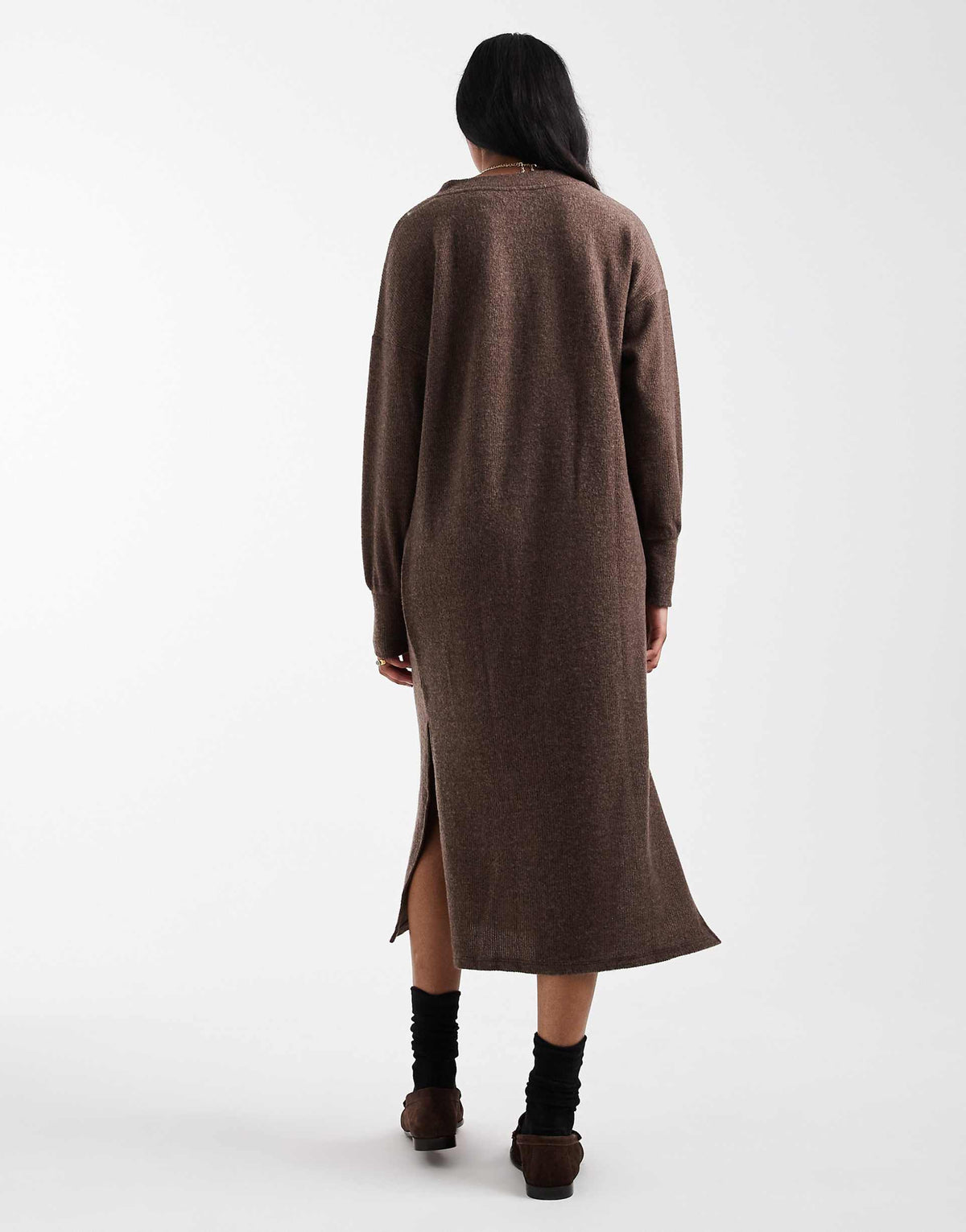 Vero Moda soft rib knit v-neck midi dress in heathered chocolate