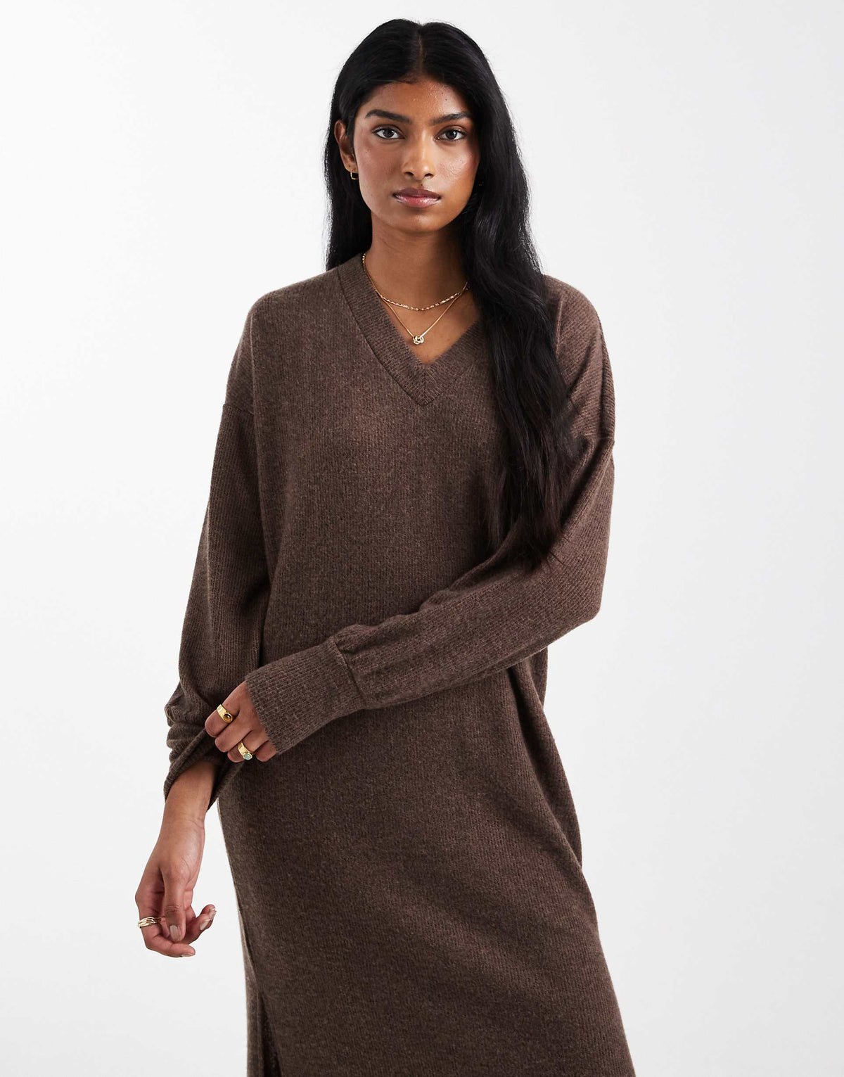 Vero Moda soft rib knit v-neck midi dress in heathered chocolate