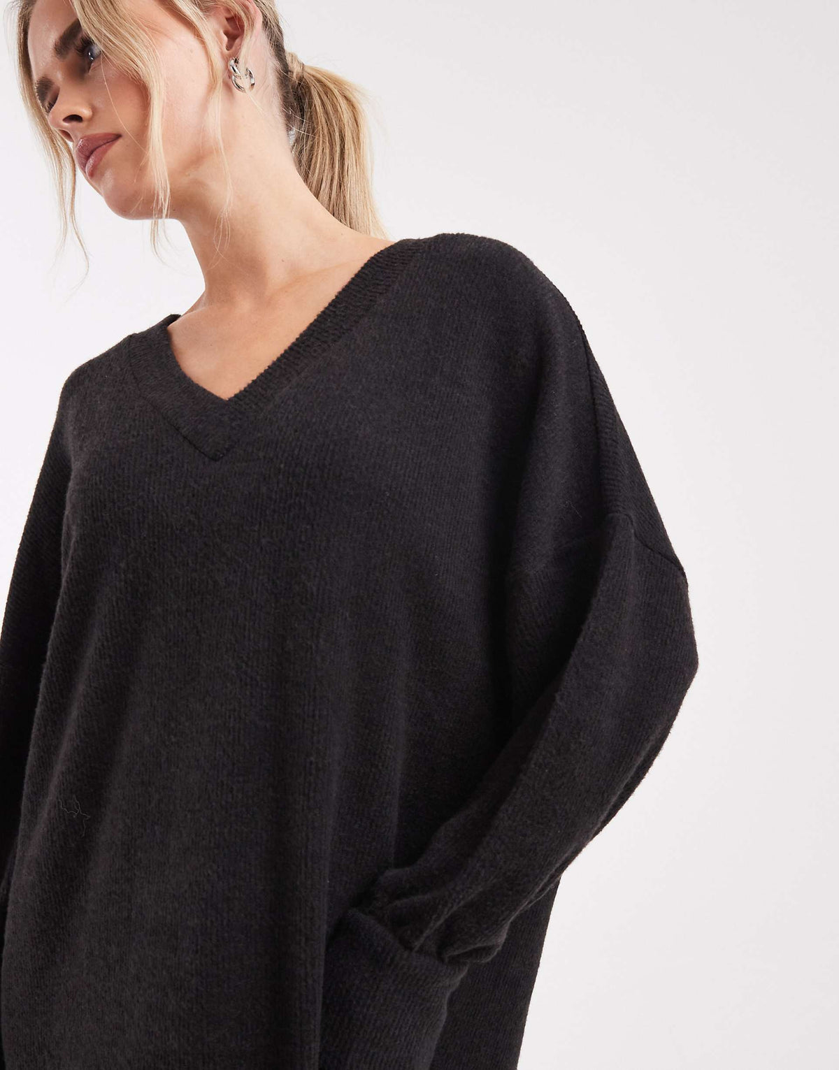 Vero Moda Petite soft rib knit v-neck midi dress in black