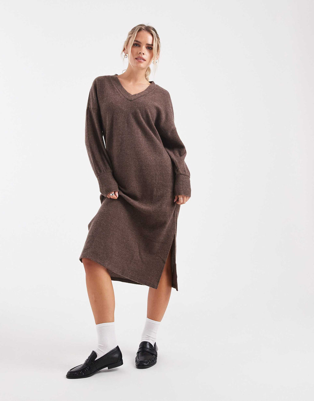 Vero Moda Petite soft rib knit v-neck midi dress in heathered chocolate