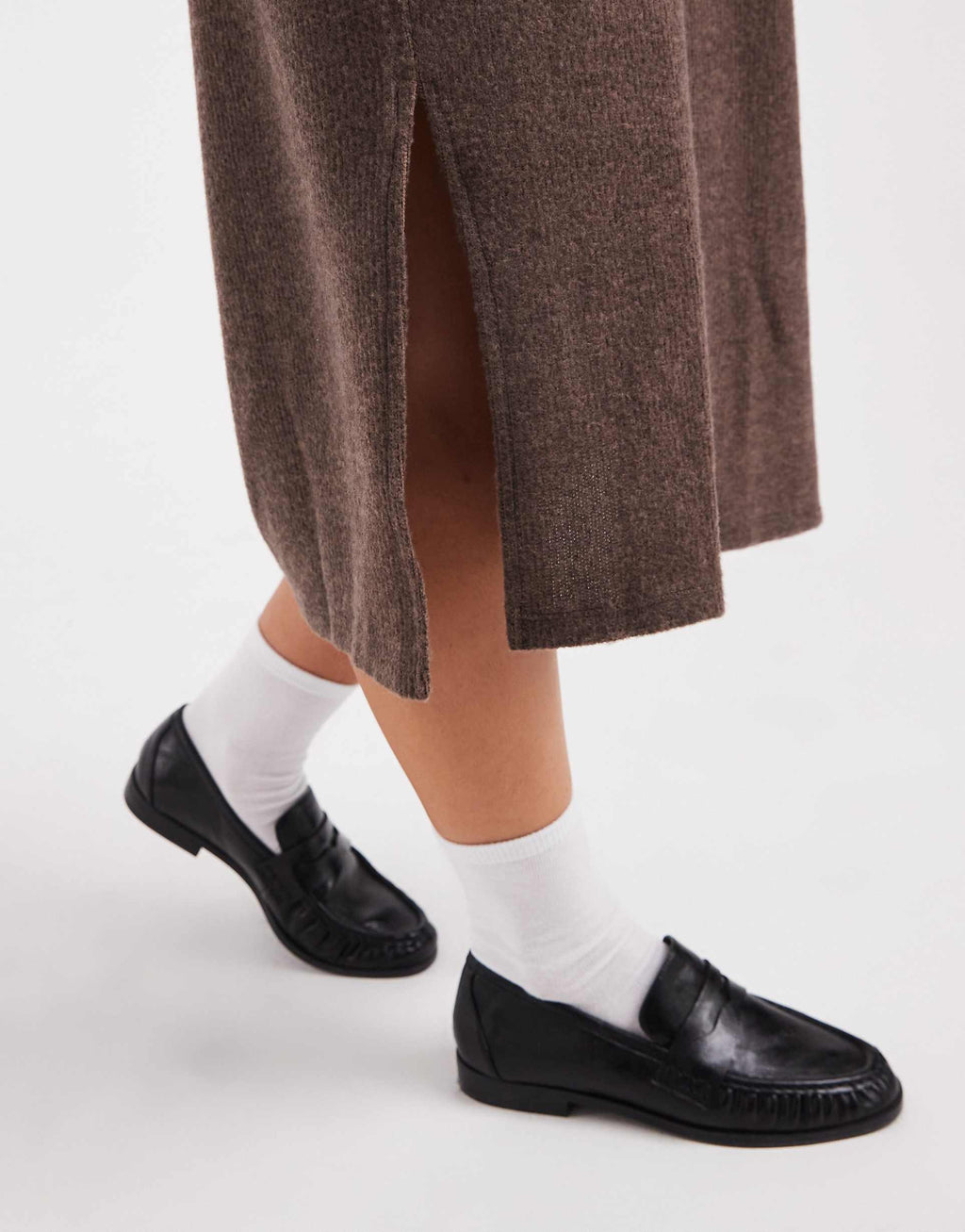 Vero Moda Petite soft rib knit v-neck midi dress in heathered chocolate