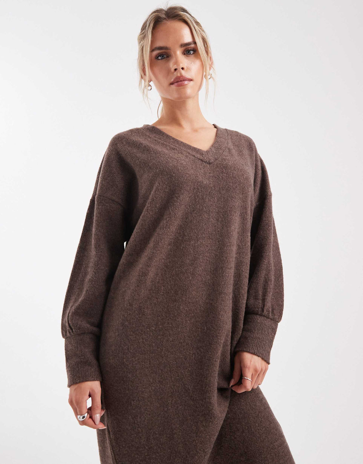 Vero Moda Petite soft rib knit v-neck midi dress in heathered chocolate