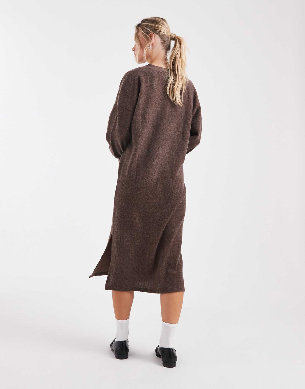 Vero Moda Petite soft rib knit v-neck midi dress in heathered chocolate