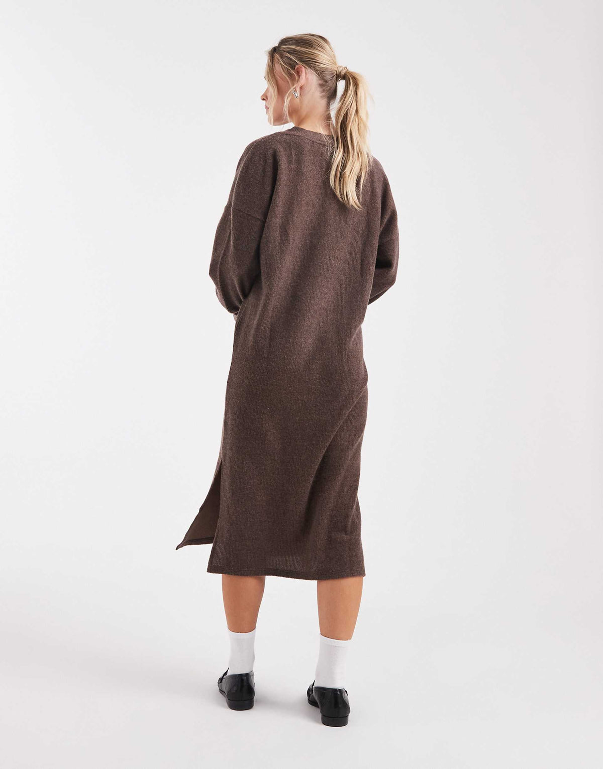 Vero Moda Petite soft rib knit v-neck midi dress in heathered chocolate