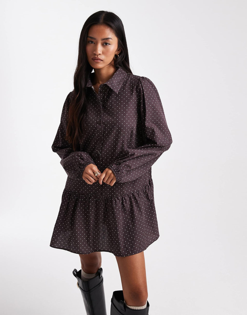 Miss Selfridge dropped waist mini shirt dress in polka dots