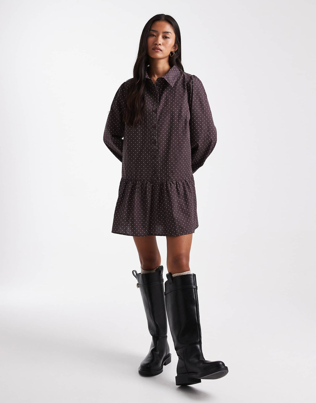 Miss Selfridge dropped waist mini shirt dress in polka dots