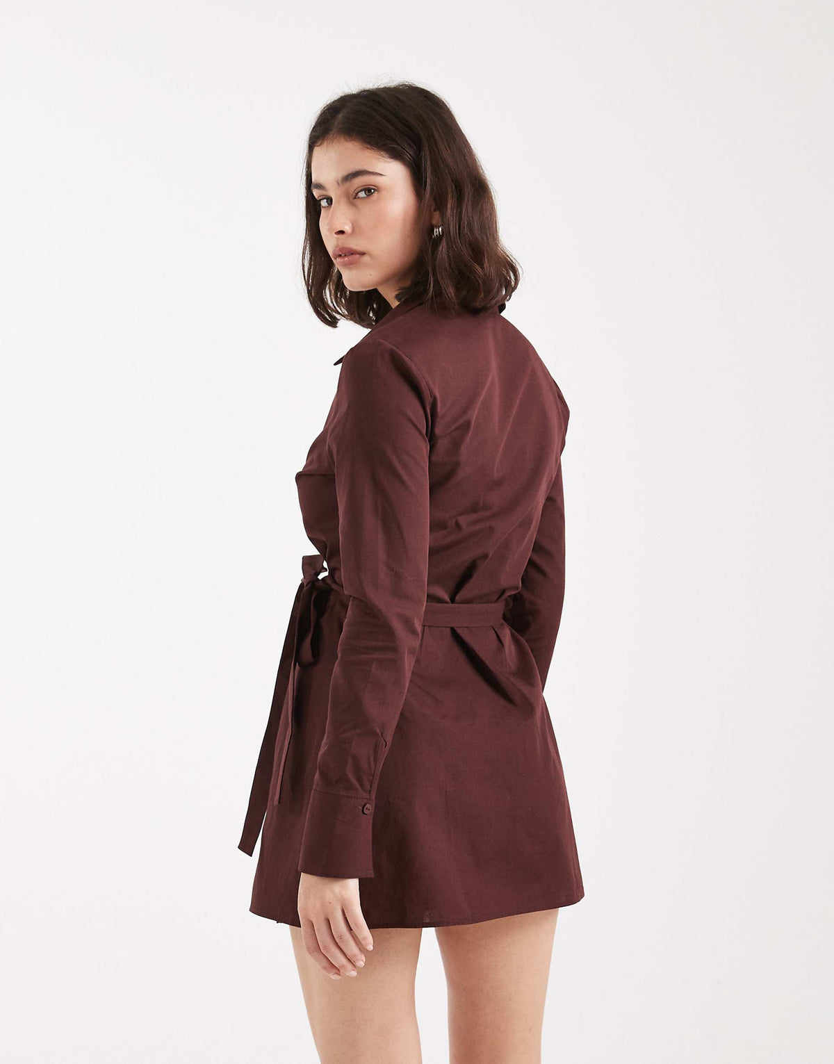 Miss Selfridge poplin wrap mini dress in chocolate
