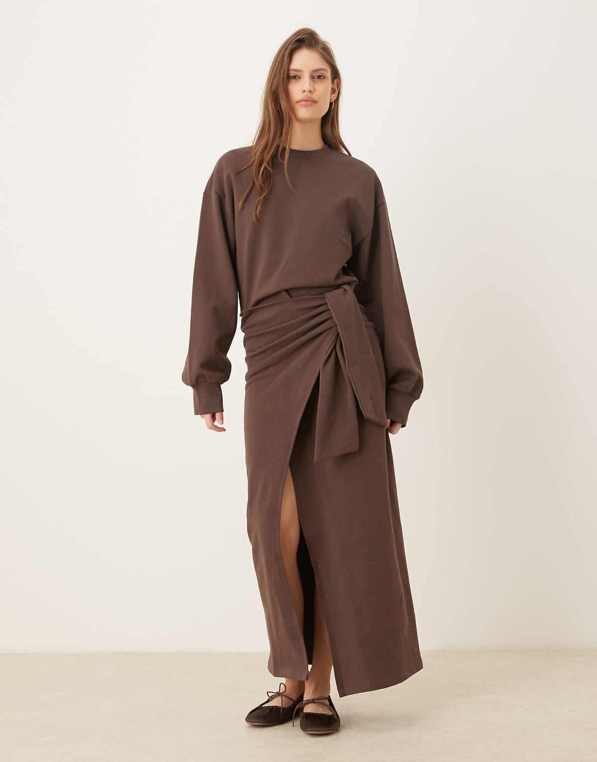 ASOS DESIGN Circular Design Collection wrap midi sweatshirt dress in chocolate