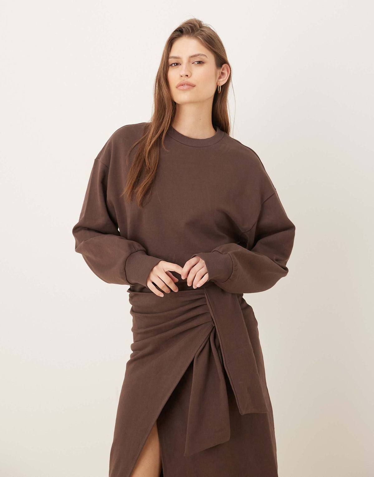ASOS DESIGN Circular Design Collection wrap midi sweatshirt dress in chocolate