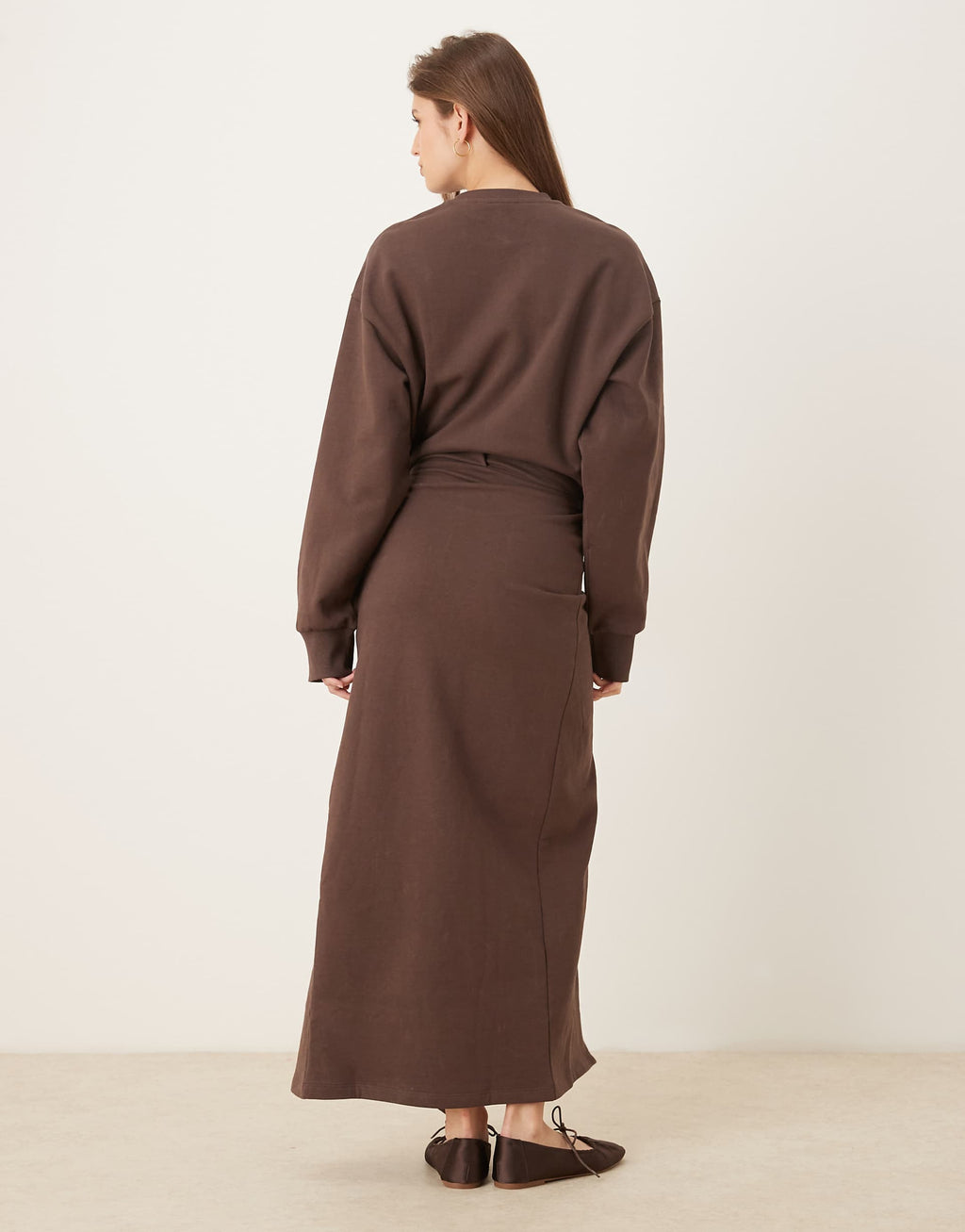 ASOS DESIGN Circular Design Collection wrap midi sweatshirt dress in chocolate