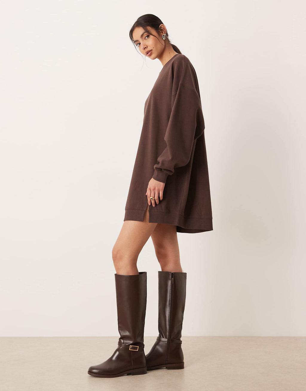 ASOS DESIGN Circular Design dipped hem mini sweats dress in chocolate