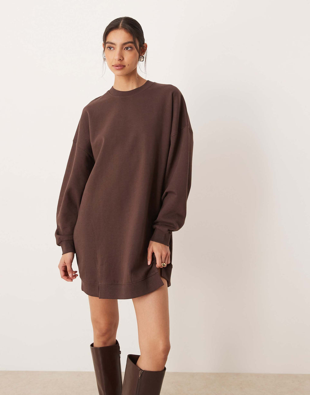 ASOS DESIGN Circular Design dipped hem mini sweats dress in chocolate
