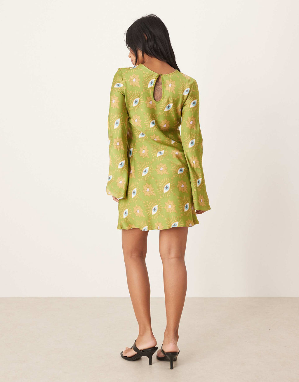 Never Fully Dressed Petite long sleeve mini dress in khaki eye print