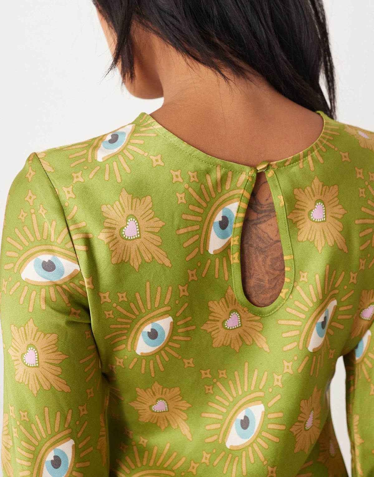 Never Fully Dressed Petite long sleeve mini dress in khaki eye print