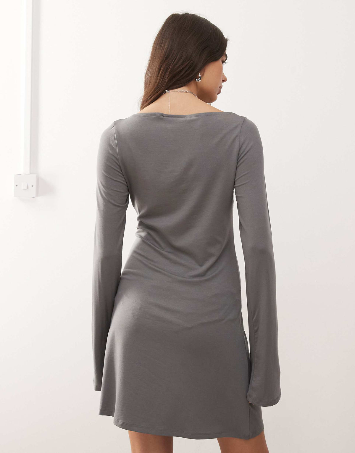 Weekday boat neck long sleeve mini dress in dark gray - exclusive to ASOS