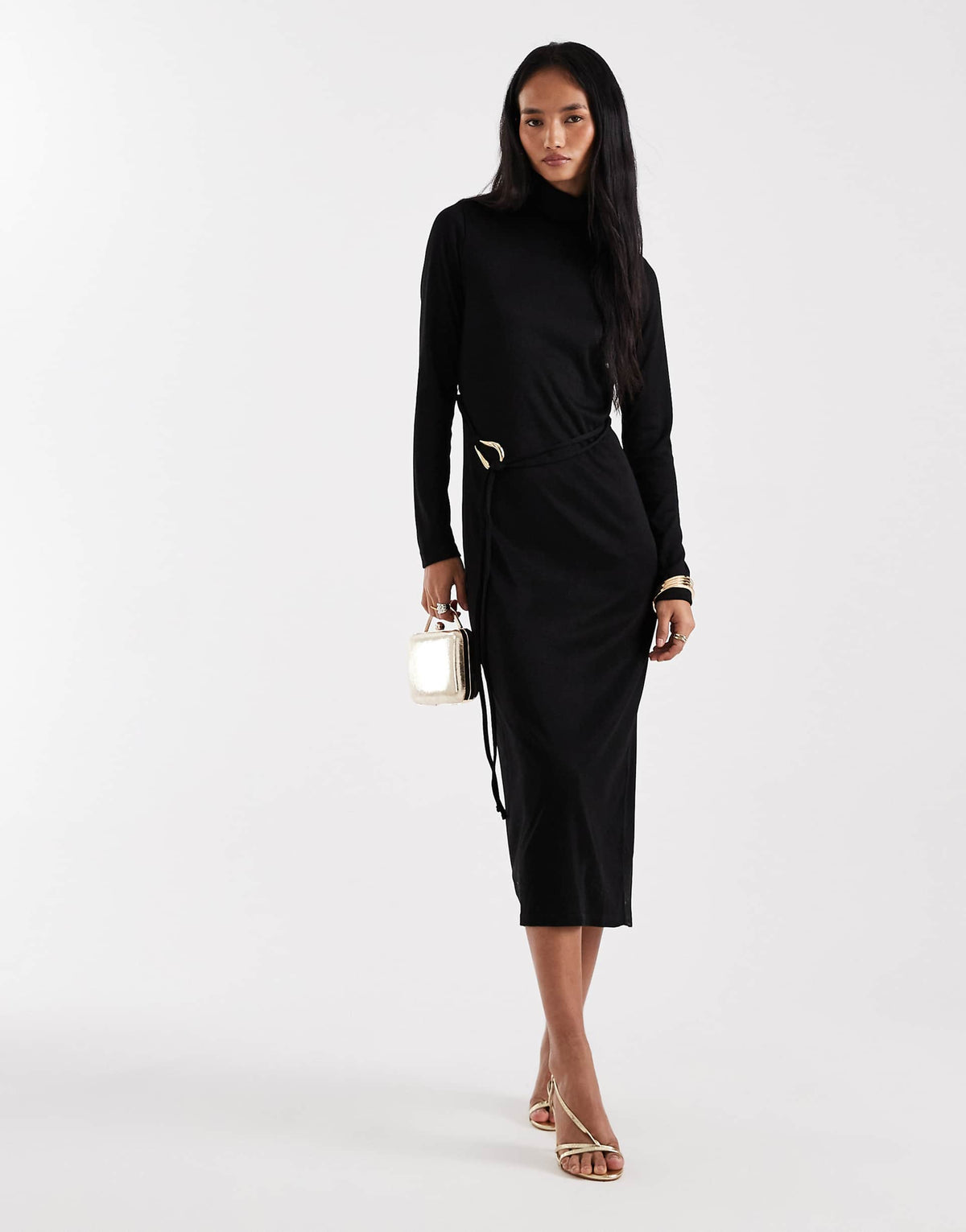 Vero Moda high neck long sleeve belted maxi dress in black
