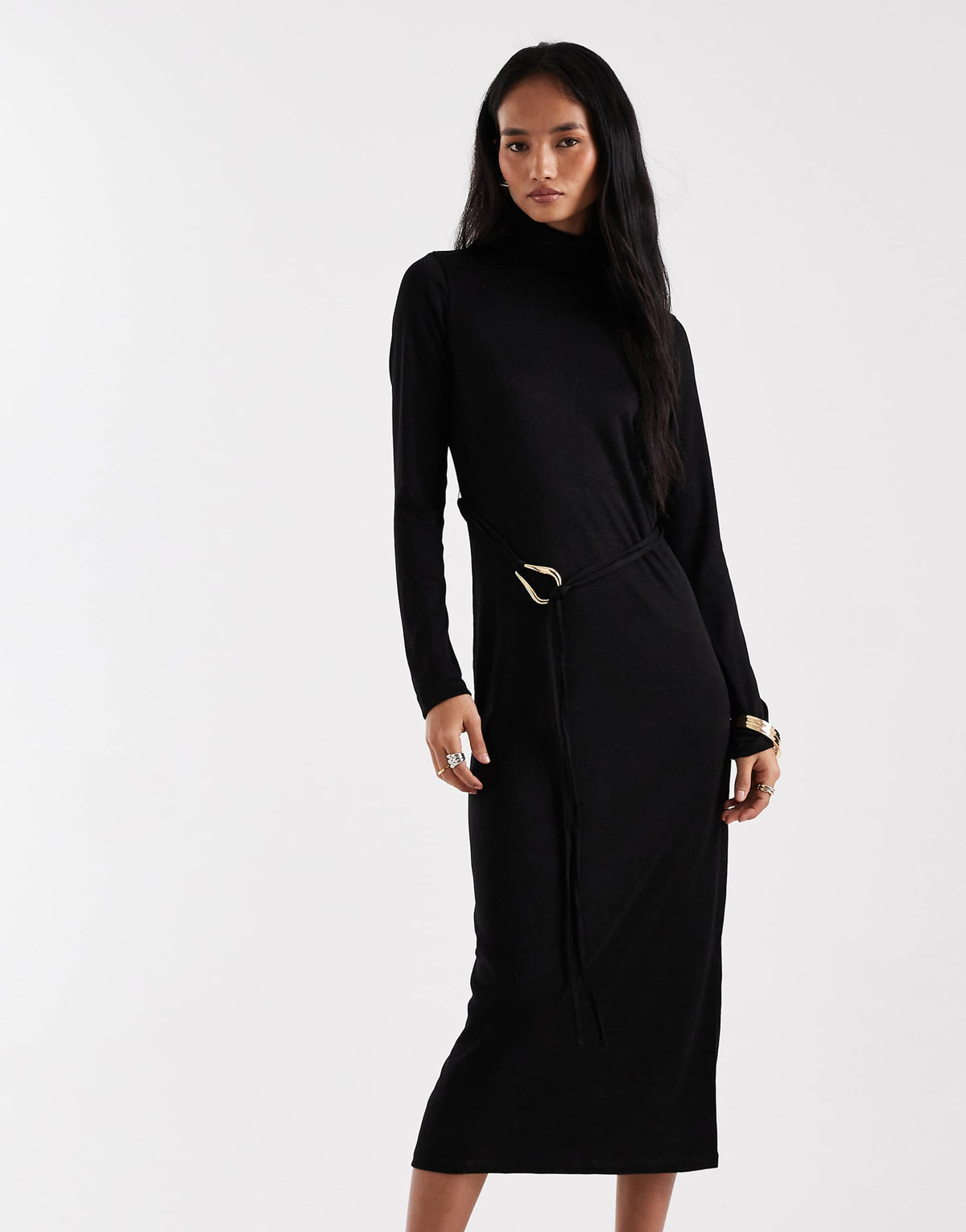 Vero Moda high neck long sleeve belted maxi dress in black