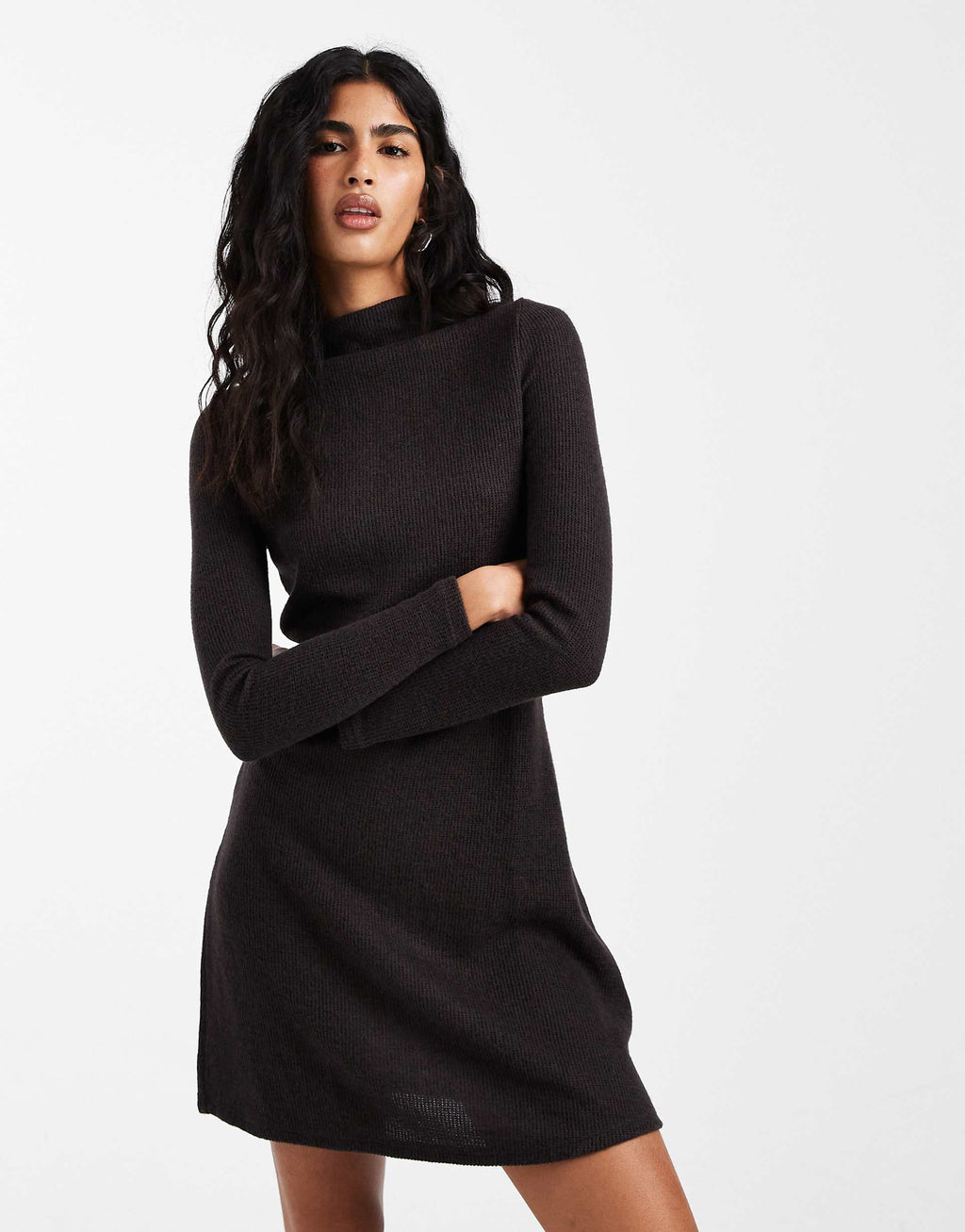 Vero Moda rib knit mock neck mini dress in chocolate brown