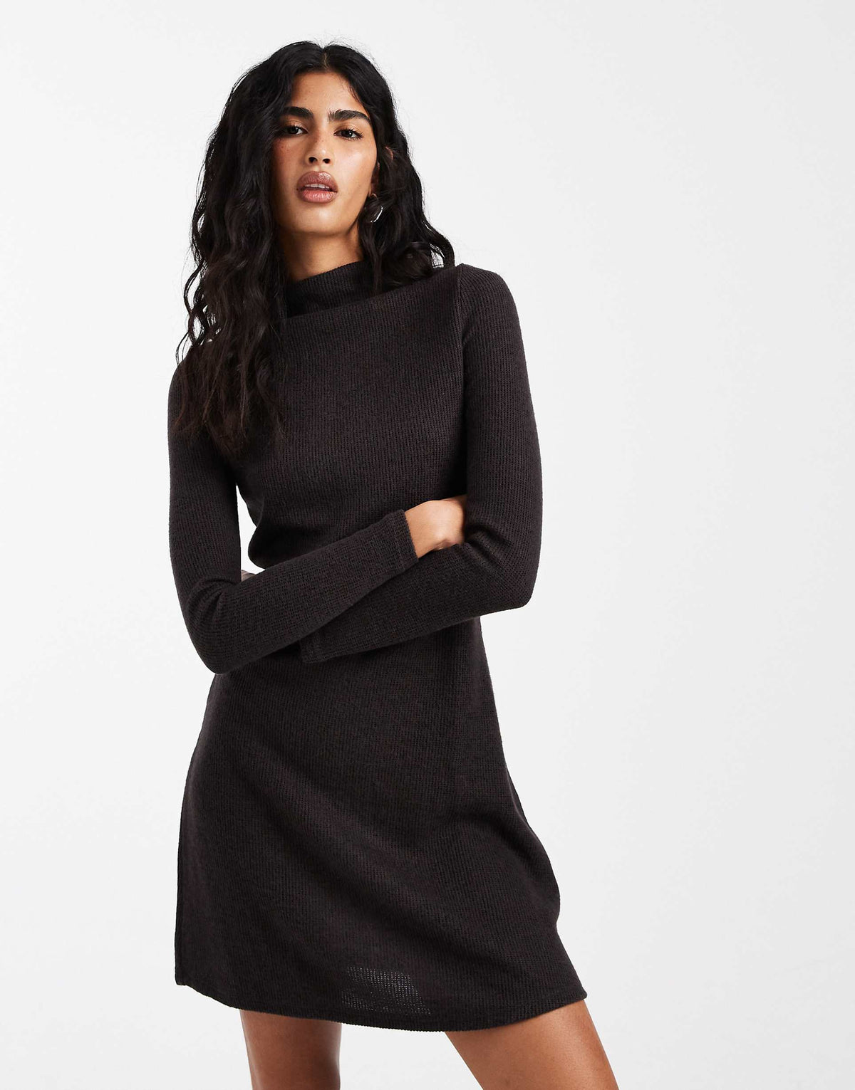 Vero Moda rib knit mock neck mini dress in chocolate brown