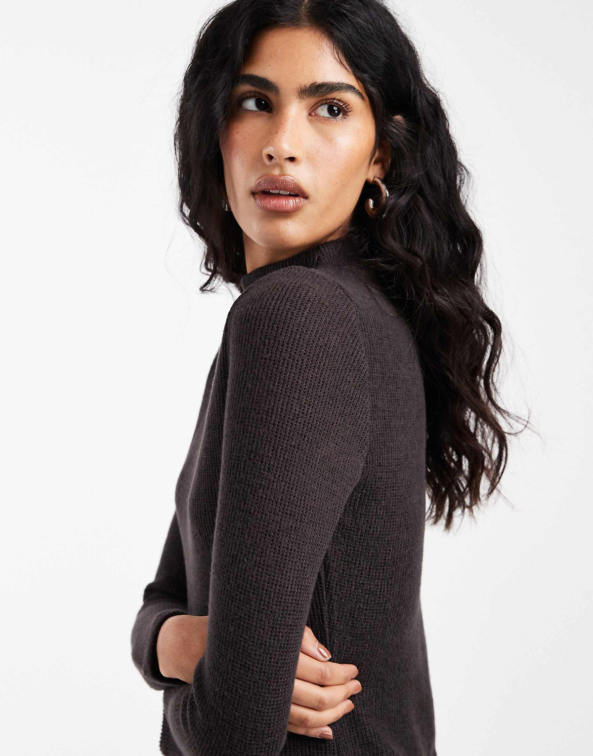 Vero Moda rib knit mock neck mini dress in chocolate brown