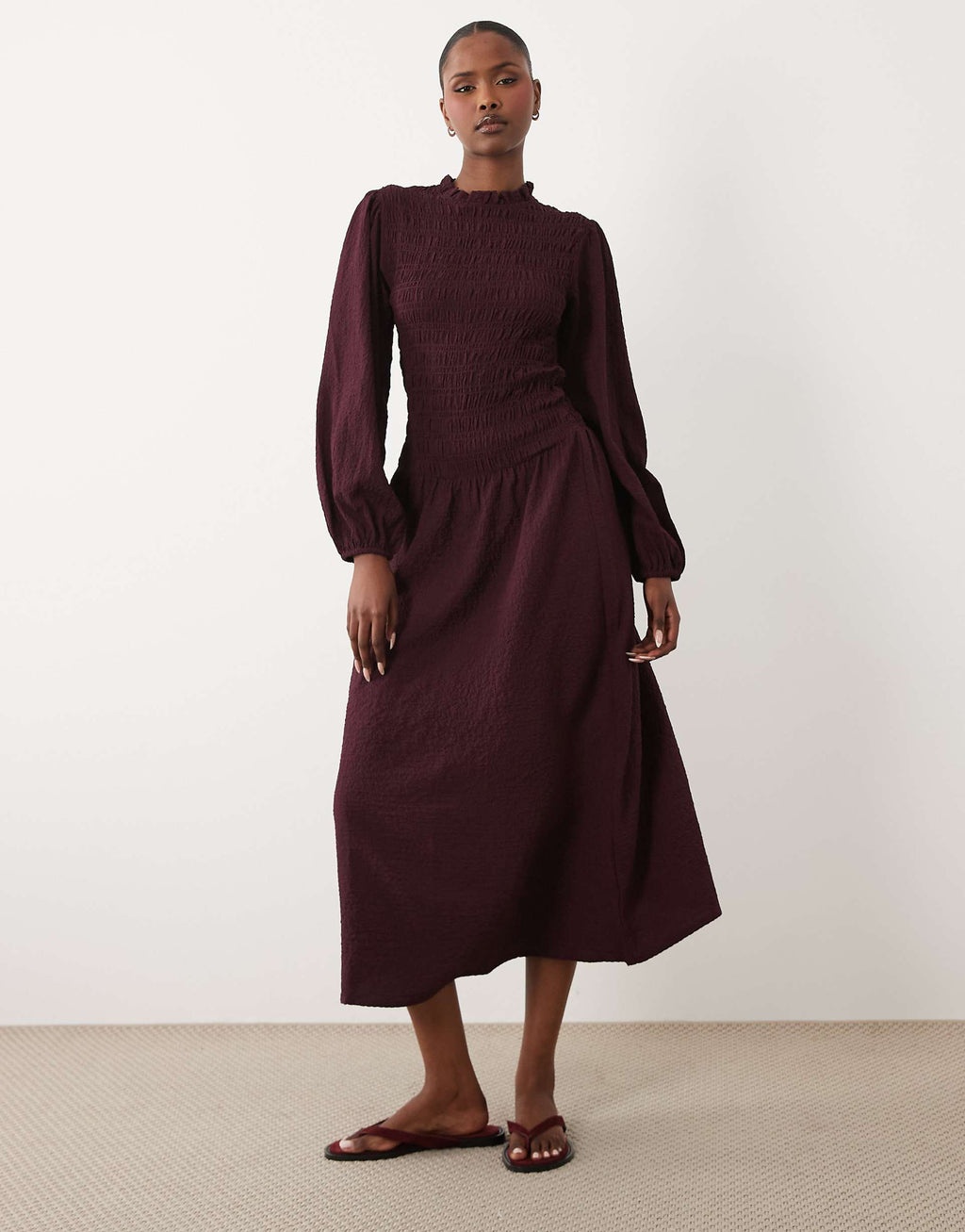 Wednesday's Girl puff sleeve shirred detail midaxi dress in deep purple